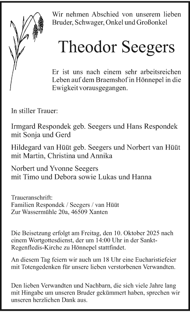  Traueranzeige für Theodor Seegers vom 04.10.2025 aus Rheinische Post