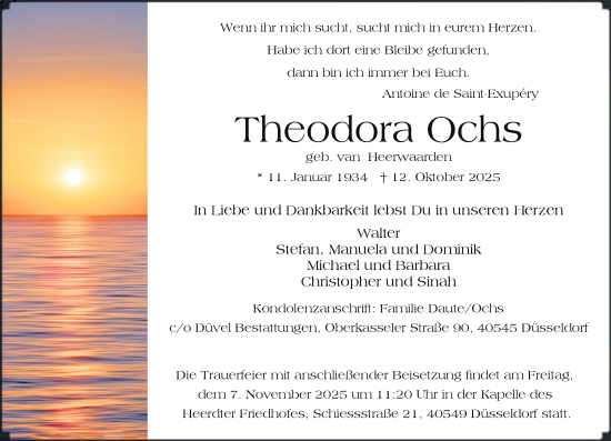 Traueranzeige von Theodora Ochs von Rheinische Post