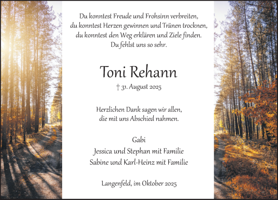 Traueranzeige von Toni Rehann von Rheinische Post