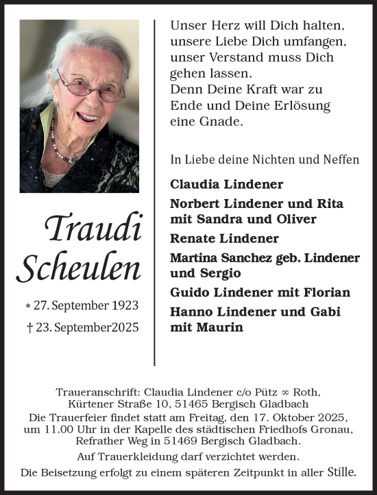 Traueranzeige von Traudi Scheulen von Rheinische Post