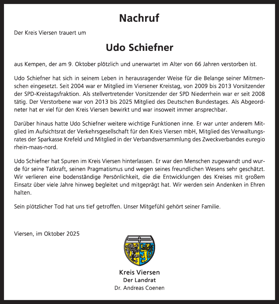  Traueranzeige für Udo Schiefner vom 25.10.2025 aus Rheinische Post