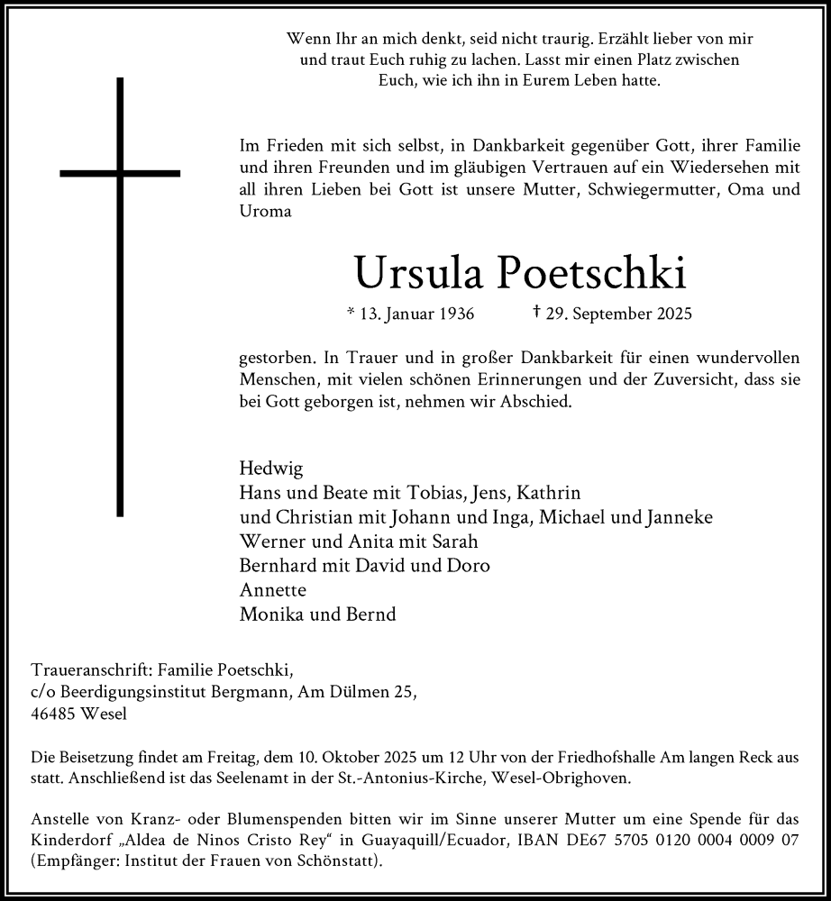  Traueranzeige für Ursula Poetschki vom 04.10.2025 aus Rheinische Post