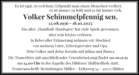 Traueranzeige von Volker Schimmelpfennig von Rheinische Post