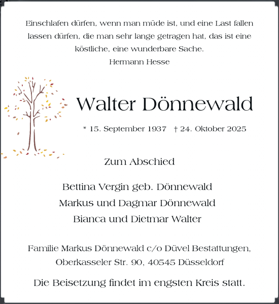 Traueranzeige von Walter Dönnewald von Rheinische Post