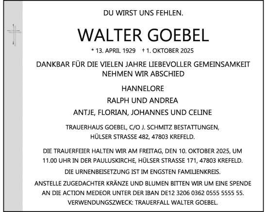 Traueranzeige von Walter Goebel von Rheinische Post