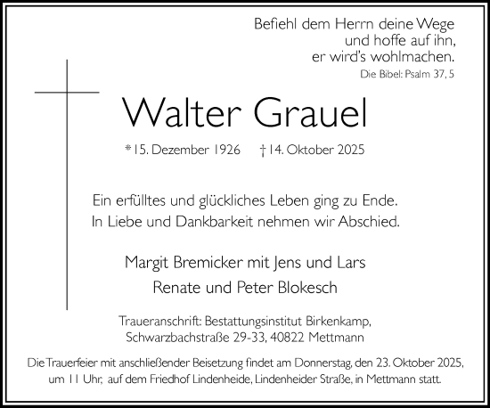 Traueranzeige von Walter Grauel von Rheinische Post