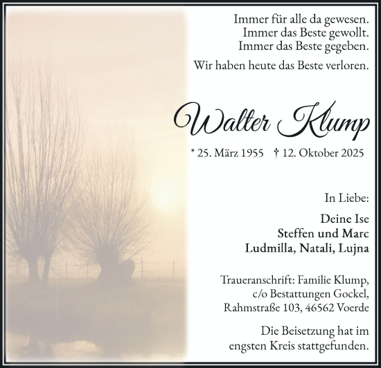 Traueranzeige von Walter Klump von Rheinische Post