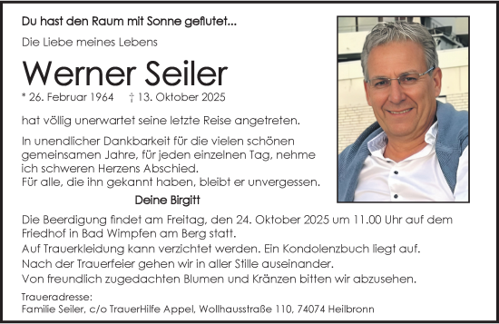 Traueranzeige von Werner Seiler von Rheinische Post