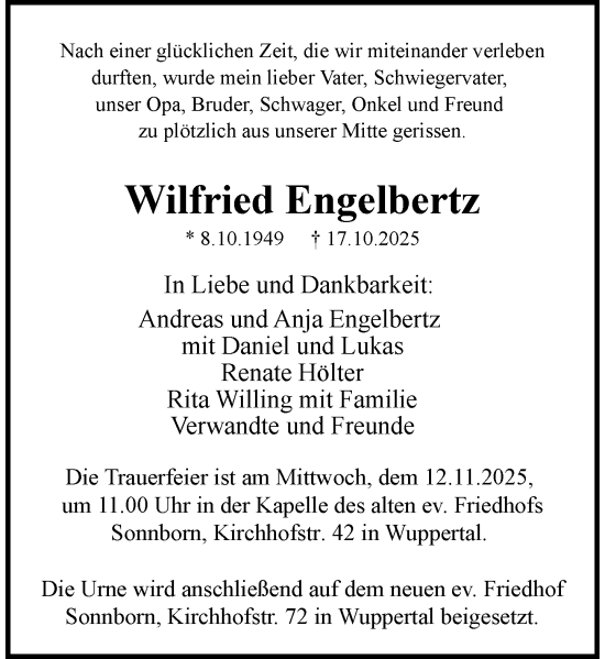 Traueranzeige von Wilfried Engelbertz von Rheinische Post