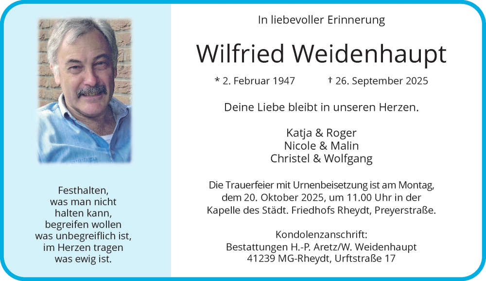  Traueranzeige für Wilfried Weidenhaupt  vom 15.10.2025 aus 