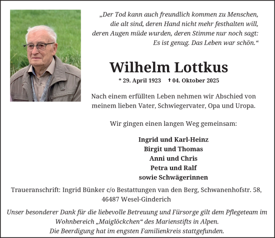 Traueranzeige von Wilhelm Lottkus von Rheinische Post