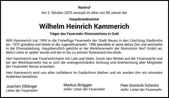 Traueranzeige von Wilhelm Heinrich Kammerich von Rheinische Post
