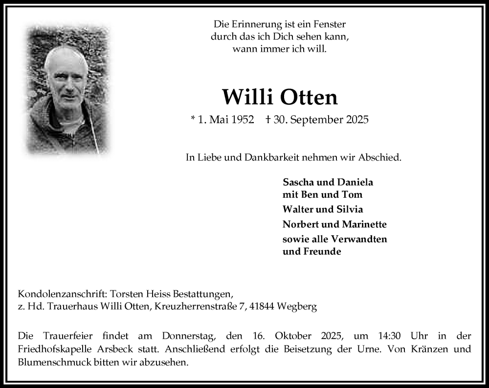  Traueranzeige für Willi Otten vom 11.10.2025 aus Rheinische Post
