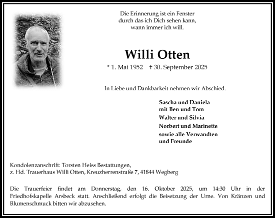Traueranzeige von Willi Otten von Rheinische Post
