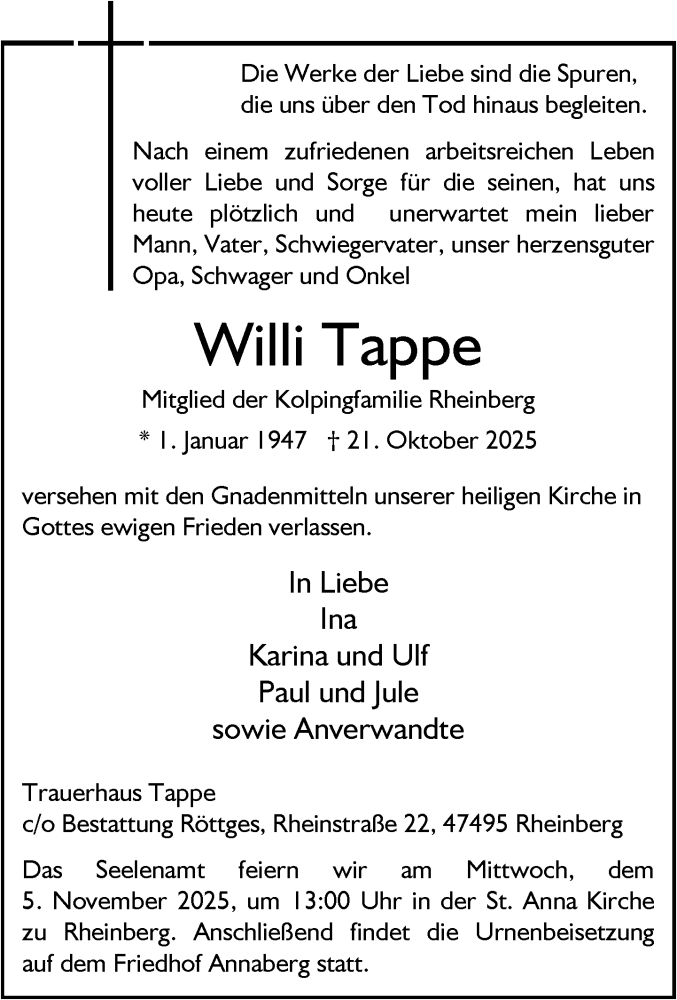  Traueranzeige für Willi Tappe vom 01.11.2025 aus Rheinische Post