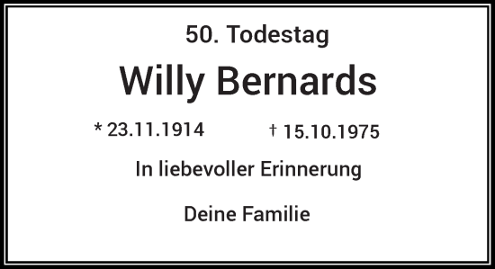 Traueranzeige von Willy Bernards von Rheinische Post