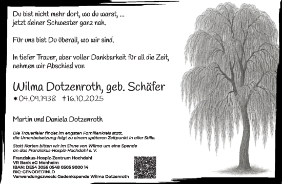 Traueranzeige von Wilma Dotzenroth von Rheinische Post