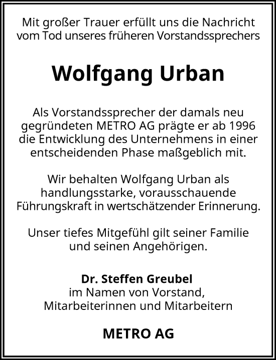 Traueranzeige von Wolfgang Urban von Rheinische Post