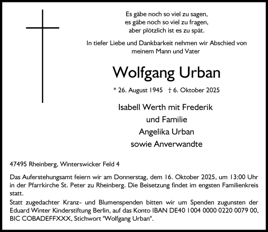 Traueranzeige von Wolfgang Urban von Rheinische Post
