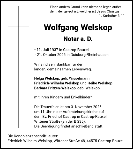 Traueranzeige von Wolfgang Welskop von Rheinische Post
