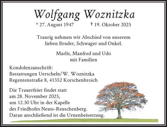 Traueranzeige von Wolfgang Woznitzka von Rheinische Post