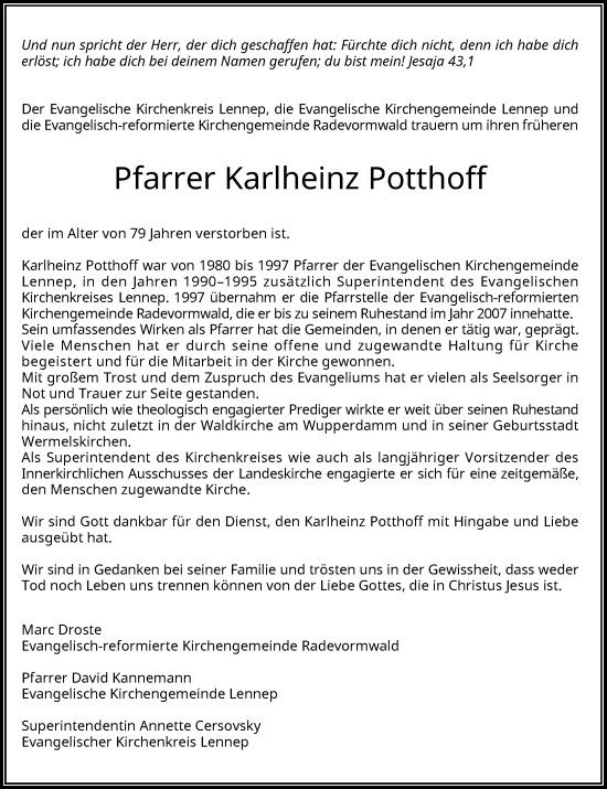 Traueranzeige von Karlheinz Potthoff von Rheinische Post