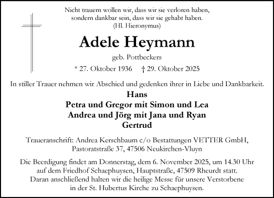Traueranzeige von Adele Heymann von Rheinische Post