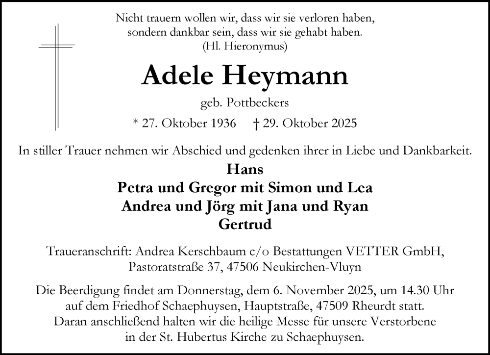  Traueranzeige für Adele Heymann vom 04.11.2025 aus Rheinische Post