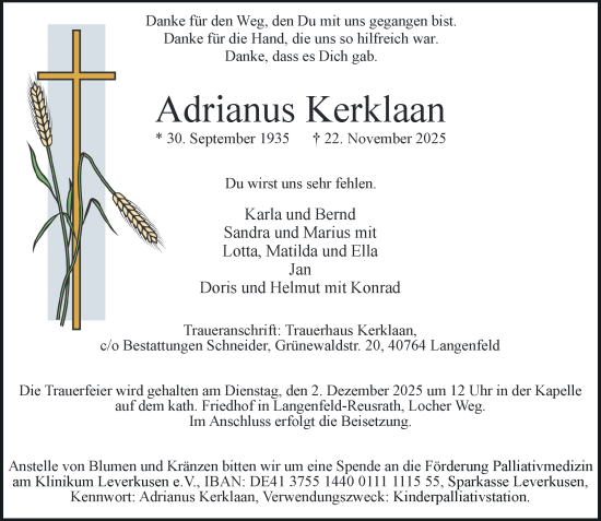 Traueranzeige von Adrianus Kerklaan von Rheinische Post