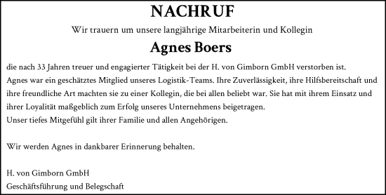 Traueranzeige von Agnes Boers von Rheinische Post