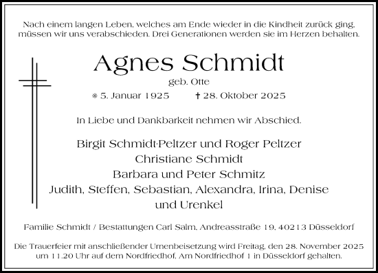 Traueranzeige von Agnes Schmidt von Rheinische Post