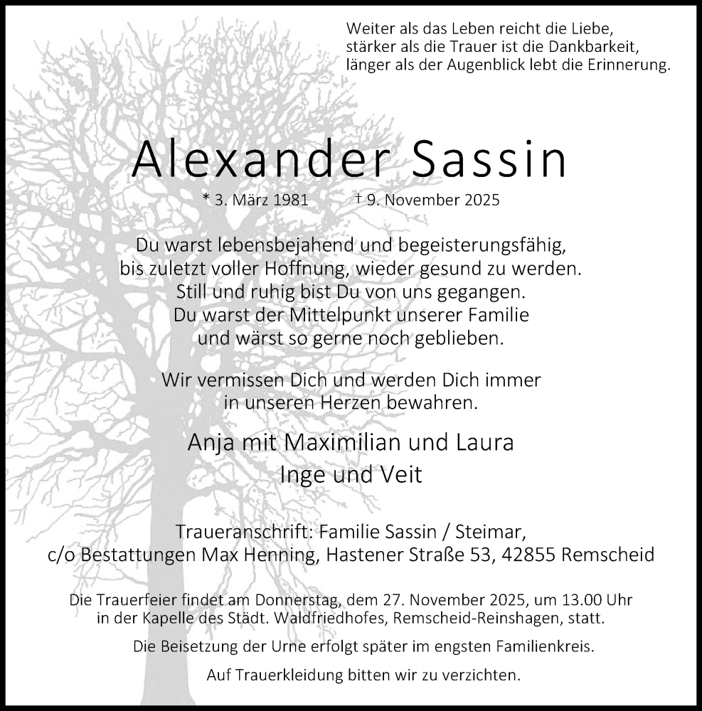  Traueranzeige für Alexander Sassin vom 15.11.2025 aus Rheinische Post