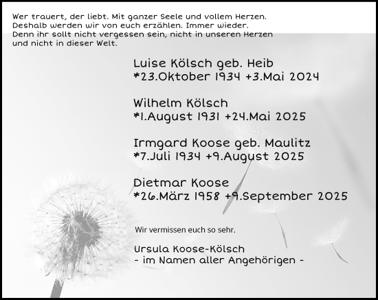 Traueranzeige von Andenken an  L. und W. Kölsch, I. u. D. Koose von Rheinische Post
