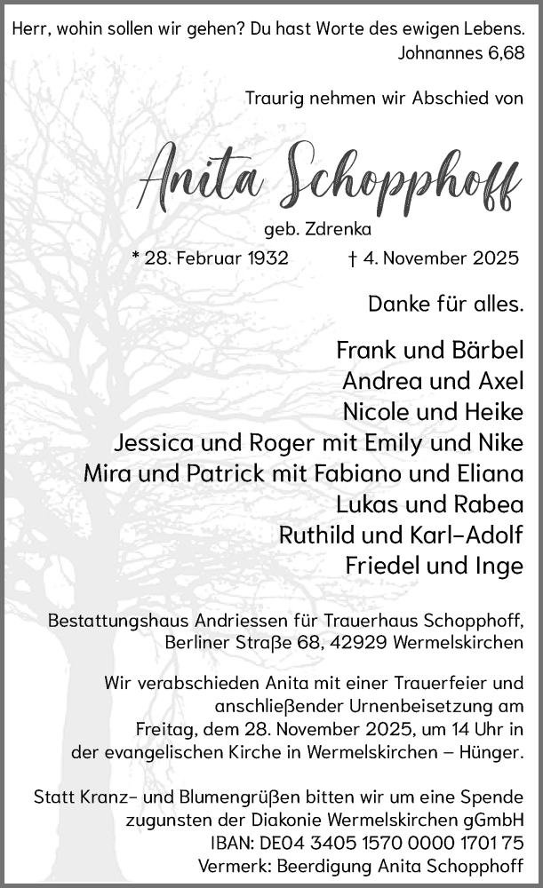  Traueranzeige für Anita Schopphoff vom 15.11.2025 aus Rheinische Post
