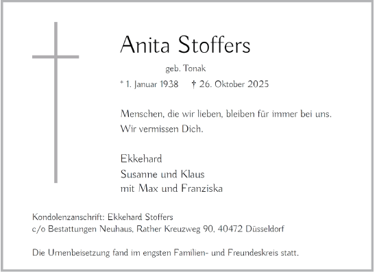 Traueranzeige von Anita Stoffers von Rheinische Post