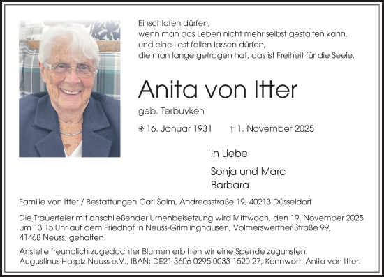 Traueranzeige von Anita von Itter von Rheinische Post