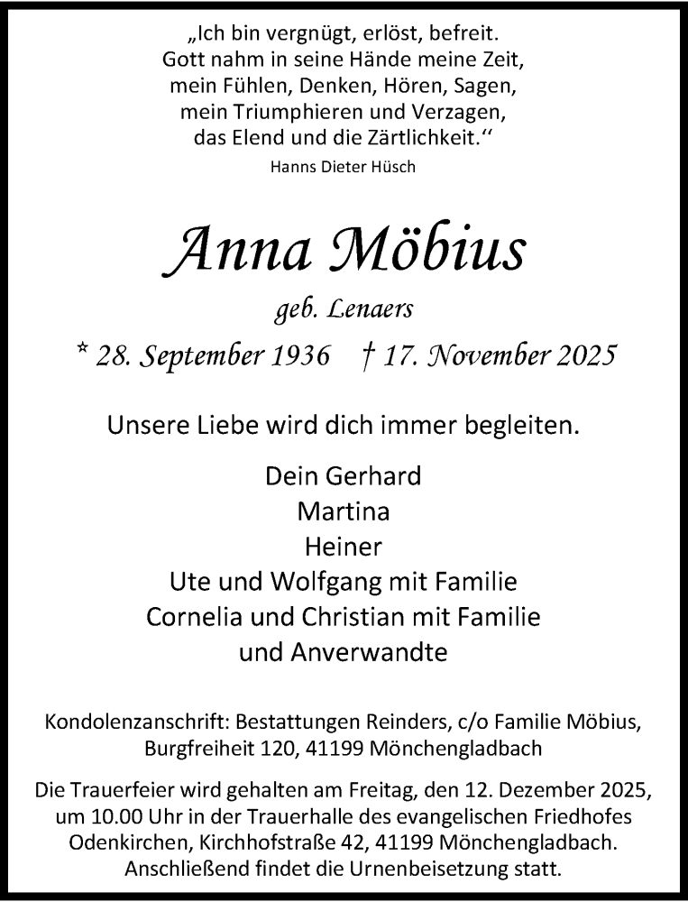  Traueranzeige für Anna Möbius vom 29.11.2025 aus Rheinische Post