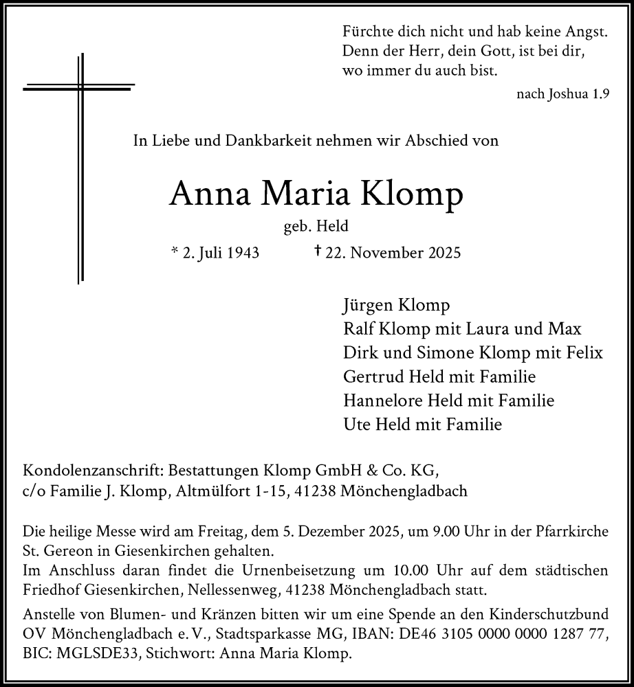  Traueranzeige für Anna Maria Klomp vom 29.11.2025 aus Rheinische Post