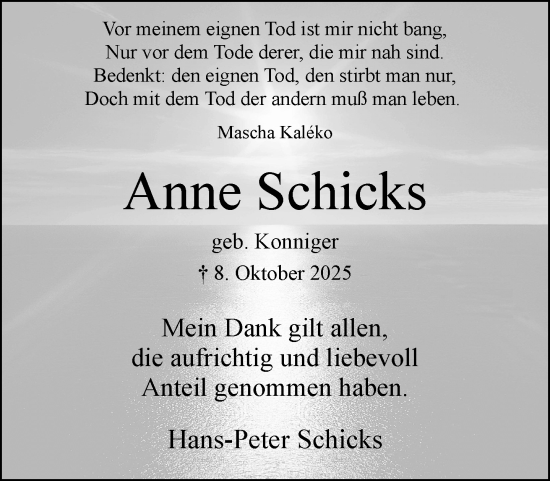 Traueranzeige von Anne Schicks von Rheinische Post