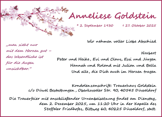 Traueranzeige von Anneliese Goldstein von Rheinische Post