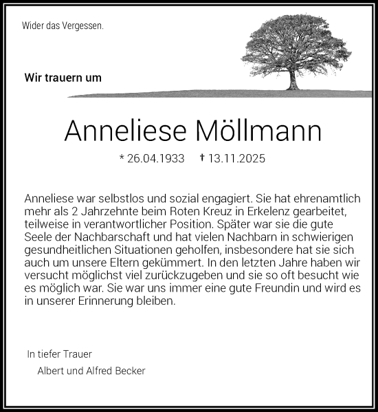 Traueranzeige von Anneliese Möllmann von Rheinische Post