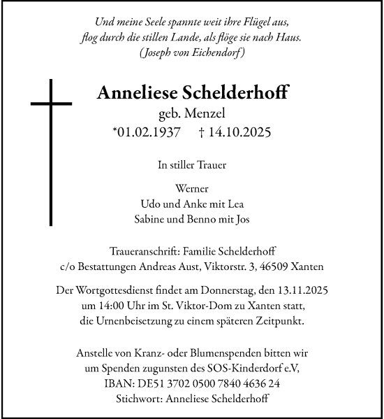 Traueranzeige von Anneliese Schelderhoff von Rheinische Post