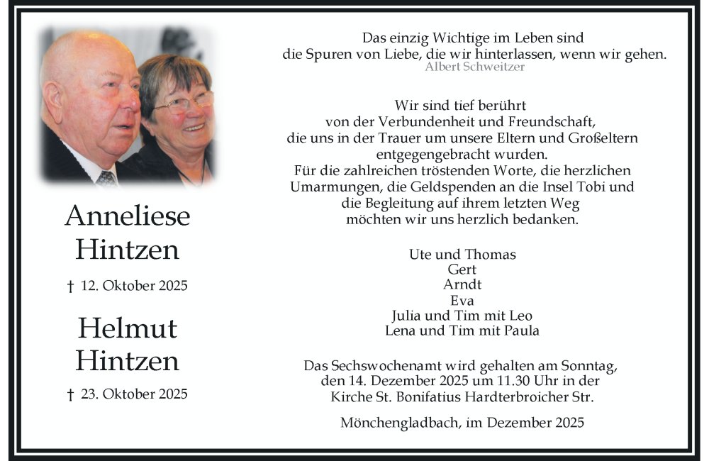  Traueranzeige für Anneliese und Helmut Hintzen vom 06.12.2025 aus Rheinische Post