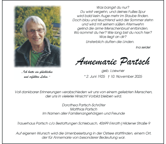 Traueranzeige von Annemarie Partsch von Rheinische Post