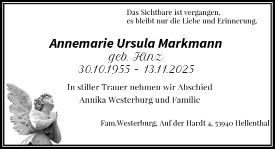 Traueranzeige von Annemarie Ursula Markmann von Rheinische Post