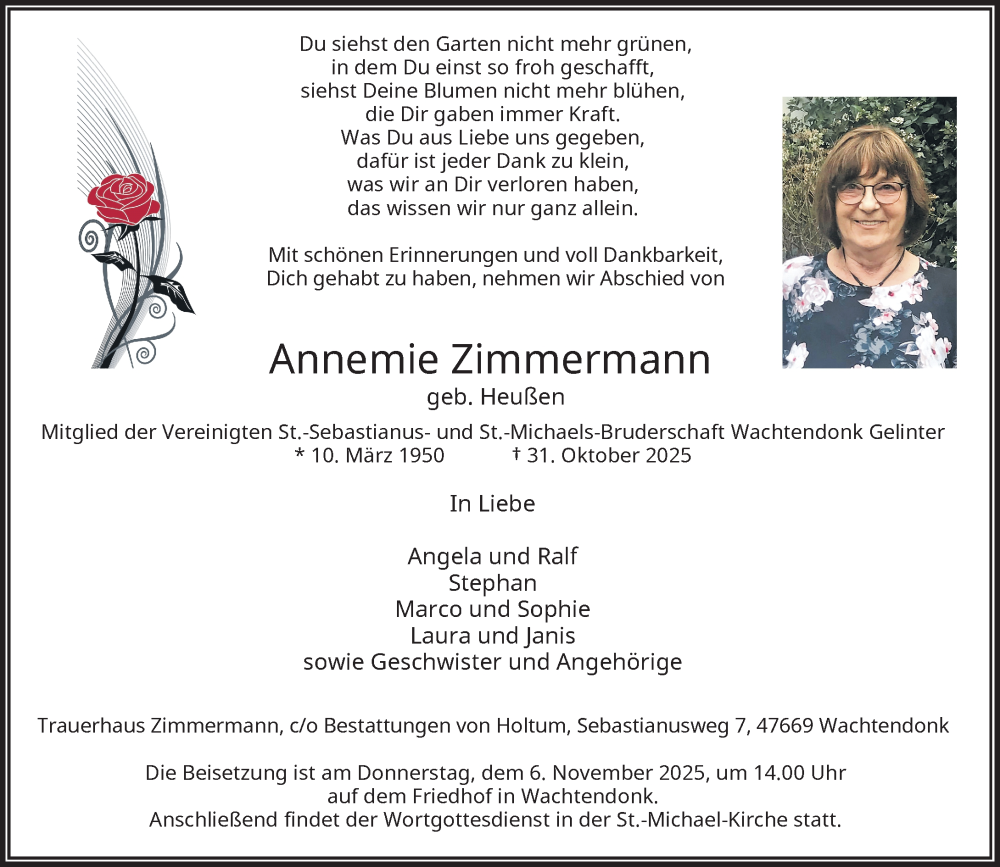  Traueranzeige für Annemie Zimmermann vom 04.11.2025 aus Rheinische Post