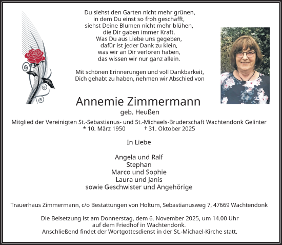 Traueranzeige von Annemie Zimmermann von Rheinische Post