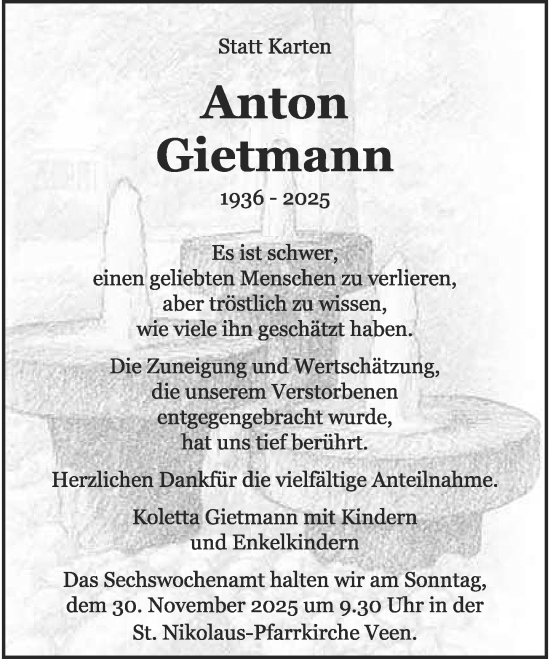 Traueranzeige von Anton Gietmann von Rheinische Post