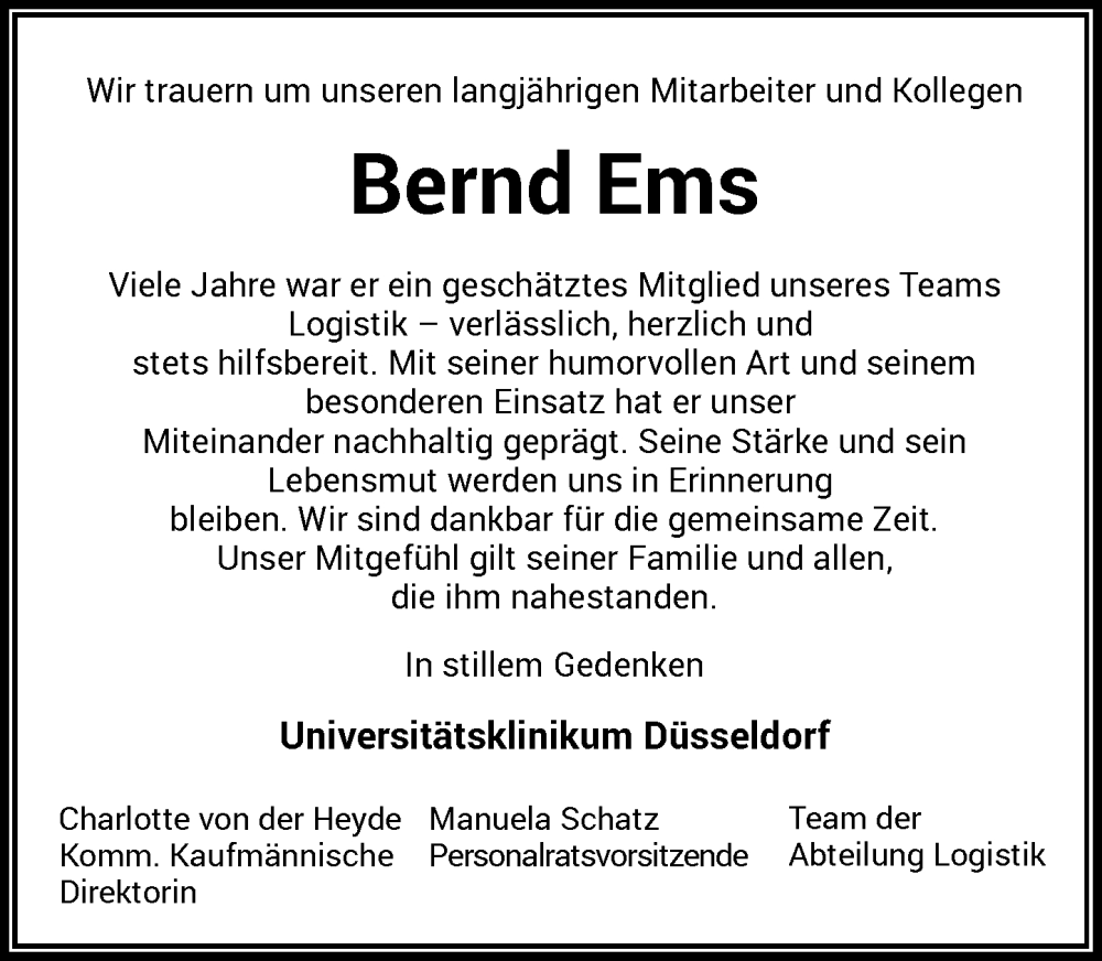  Traueranzeige für Bernd Ems vom 22.11.2025 aus Rheinische Post
