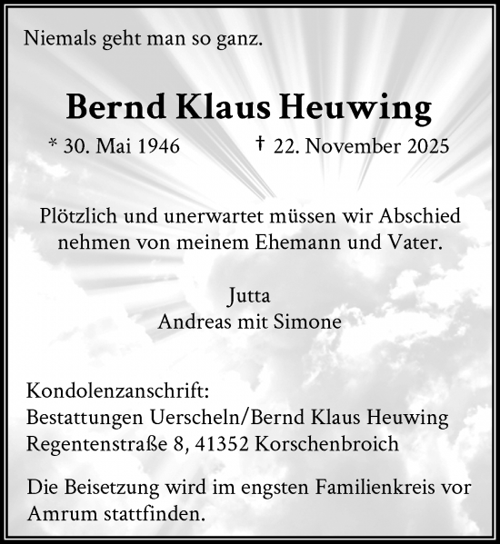 Traueranzeige von Bernd Klaus Heuwing von Rheinische Post